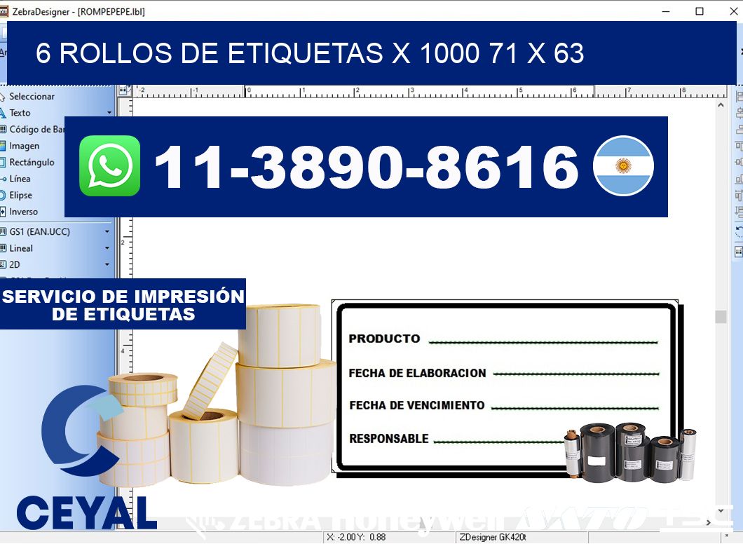 6 rollos de etiquetas x 1000 71 x 63