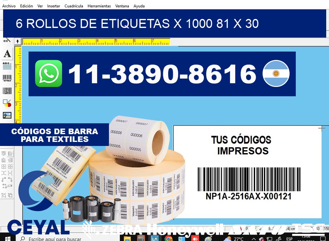 6 rollos de etiquetas x 1000 81 x 30